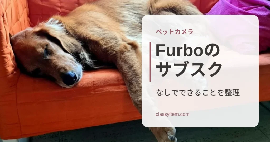 オレンジのソファで眠るゴールデンレトリバーの写真に「Furboのサブスク」の文字